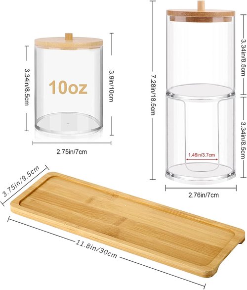 **Qtip Holder Dispenser | Bamboo Lids & Vanity Tray - 10 oz Clear Plastic Apothecary Jar for Makeup Storage**