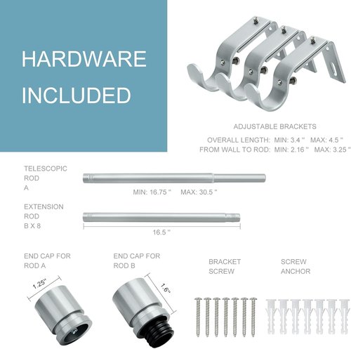Byondeth Adjustable Curtain Rods - 16 to 144 Inches, 1 Inch Diameter, Silver Gray with Aluminum End Caps