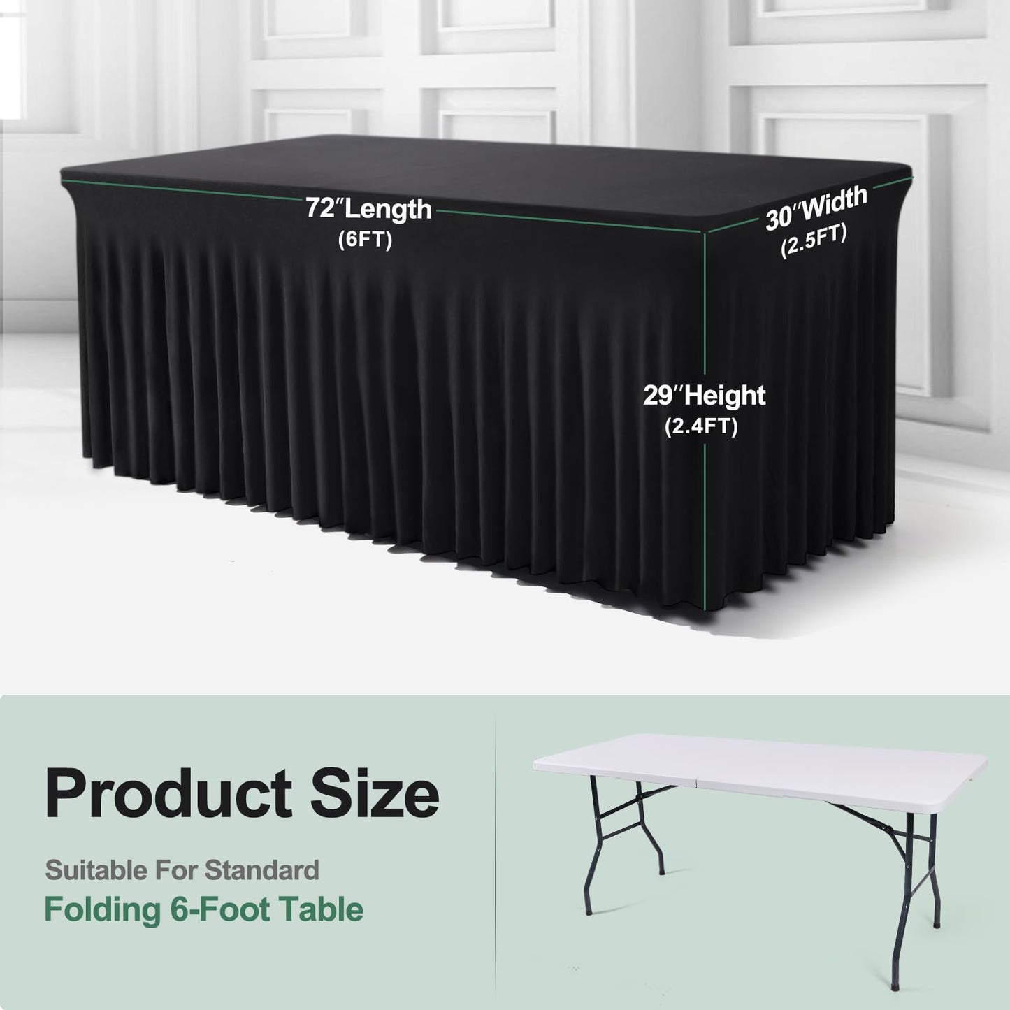 BDDC Table Skirts for Rectangle Tables 6ft - One-Piece Black Tablecloths and Skirt, Wrinkle Resistant Ruffles Elastic Cover for Banquets, Weddings, Events, Parties