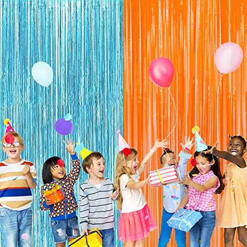 2 Pack Blue Orange Foil Metallic Fringe Curtains for Party Decorations Blue Orange Curtain Backdrop Streamer for Birthday Party Dart War Party Supplies Party Decors, 3.25ft x 6.5ft x 2pcs
