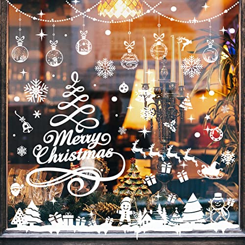 Whaline 9 Sheets Christmas Window Clings Stickers Double-Sided Merry Christmas Tree Snowflake Window Decals White Holiday PVC Stickers for Home Shop Glass Display Decoration, 9 Sheets