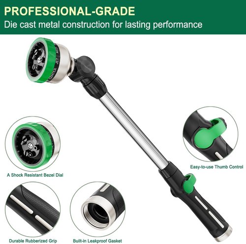 FANHAO 16-Inch Heavy Duty Garden Hose Wand - 9 Spray Patterns & 180° Rotating Nozzle | Ideal for Watering Baskets & Shrubs - Green
