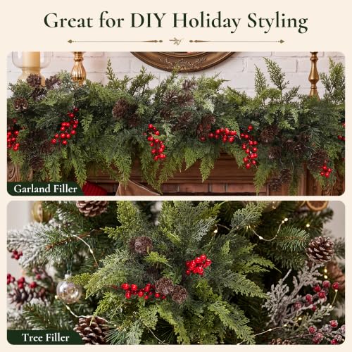 12 Artificial Cedar Stems with Pine Cones & Red Berries - 17.5" Holiday Decor (Variation: 12Cedar Stems+2Big Pinecones+3Red Berry)