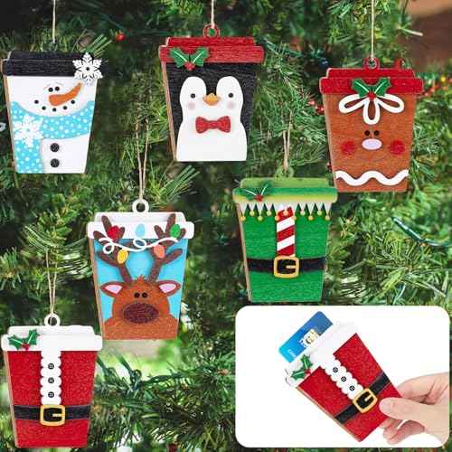 6 Pcs Christmas Card Holder Gift Wooden Snowman Santa Penguin Money and Gift Card Sleeves Christmas Cash Holders Ornament Xmas Decors for Home Tree Winter Holiday