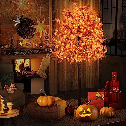 7FT LED Maple Tree with 170 Lights & Autumn Leaves - Thanksgiving Decor (7ft-170led-1pack)