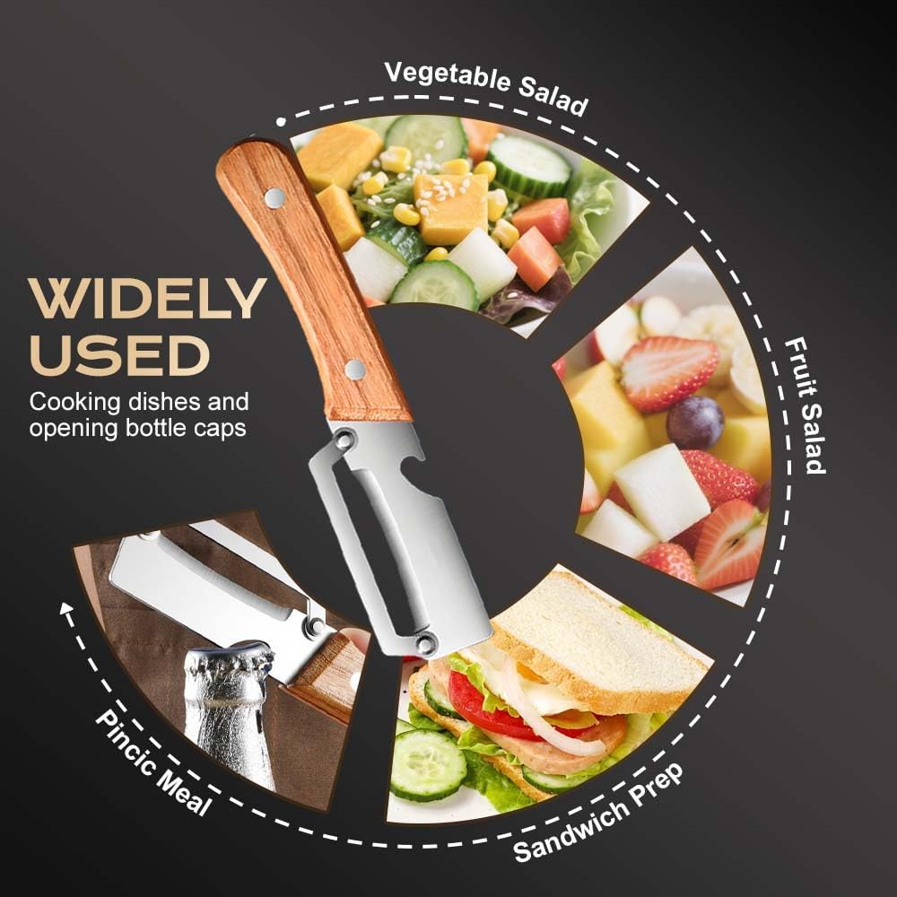 Skiennix Multi-Functional Vegetable Peeler - Stainless Steel With Wooden Handle & Bottle Opener | Ideal Kitchen Tool for Fruits & Vegetables