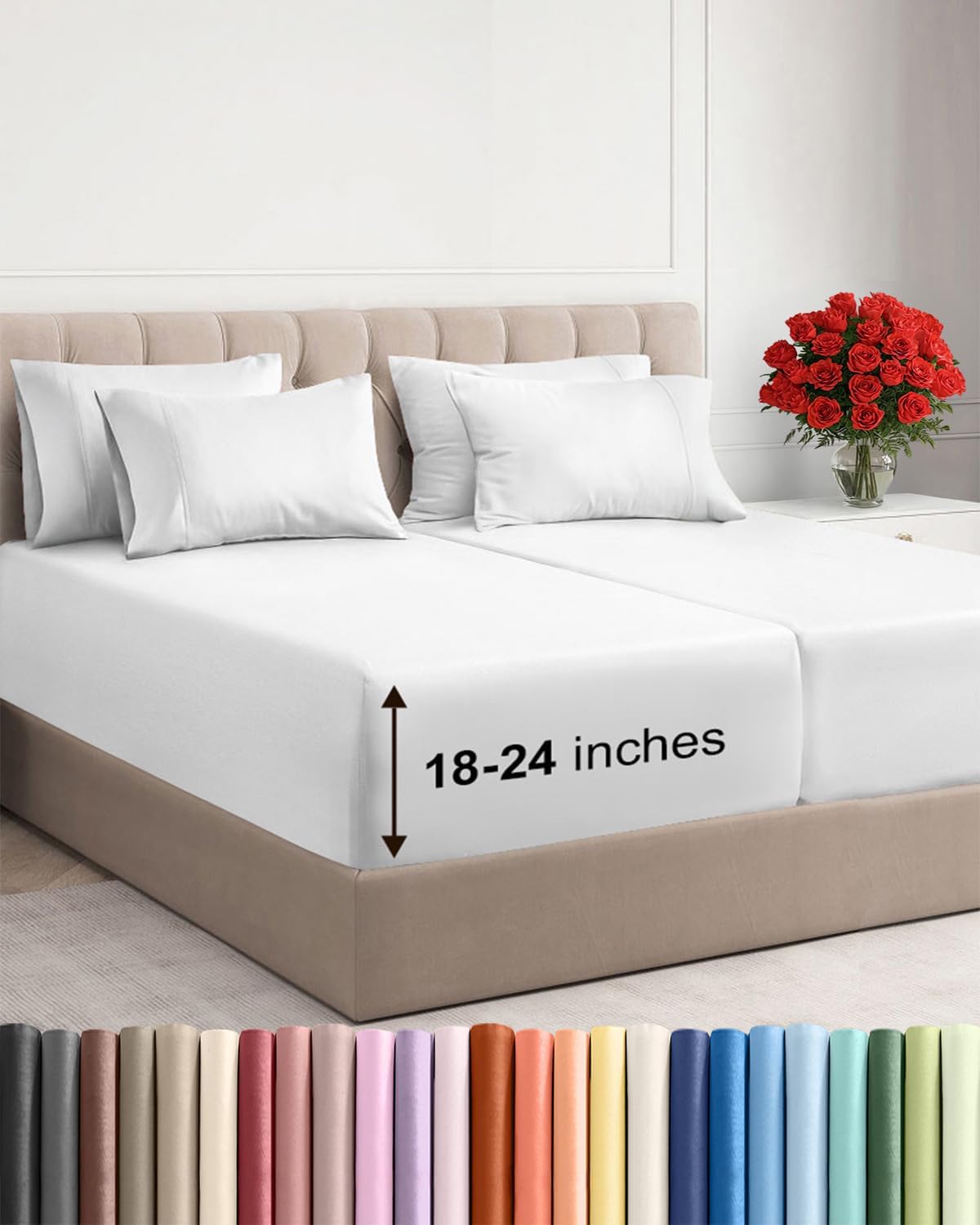 Skiennix Extra Deep Split King Sheet Set - 7 Piece Breathable Cooling Bedding - Soft, Wrinkle-Free White