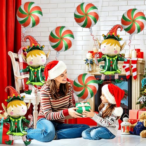 8Pcs Christmas Elf & Candy Balloons Set - Holiday Party Decorations