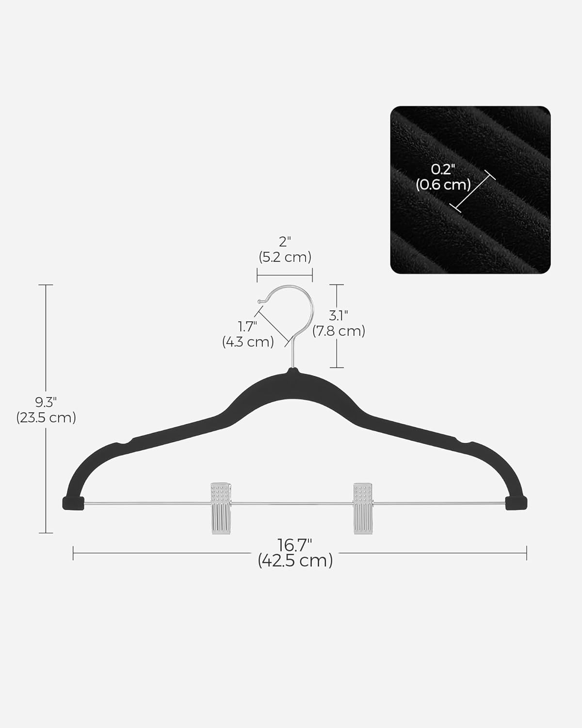 SONGMICS Velvet Pants Hangers - 50-Pack Adjustable Clips, Heavy-Duty Non-Slip Design, 16.7-Inch, Black