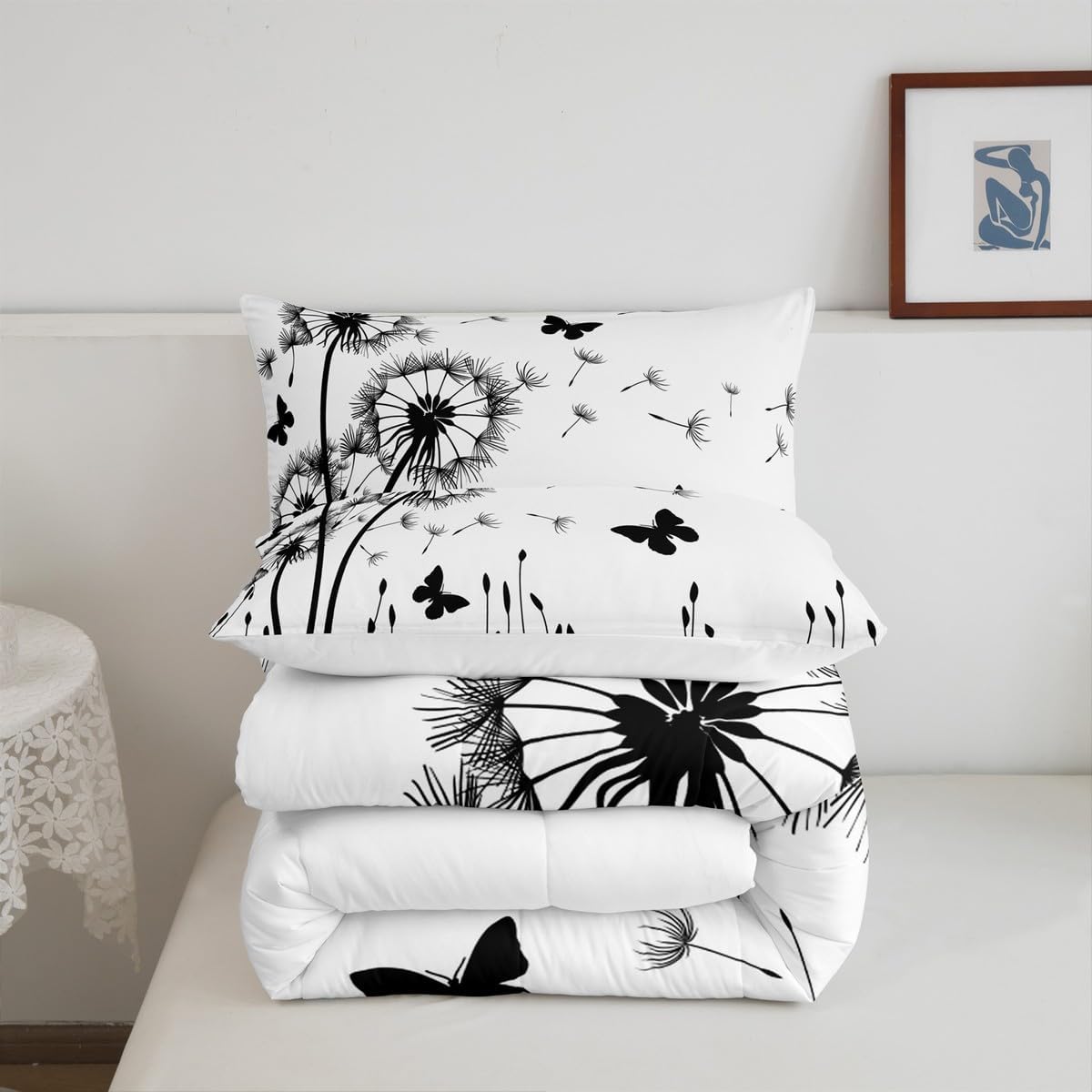 Homewish Dandelion Comforter Set Queen Size,Rustic Natural Bedding Set 3pcs for Kids Teens Girls Boys Room Decor,Butterfly Floral Animal Quilt Set Black and White Duvet Insert with 2 Pillowcases