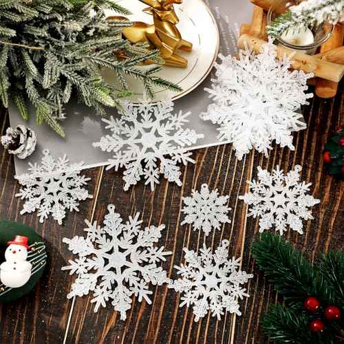 Whaline 36Pcs Christmas Snowflake Ornaments White Glitter Snowflake Hanging Decor Plastic Glitter Crafts for Winter Holiday New Year Xmas Tree Party Home Decor