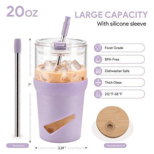 Glass Tumbler with Lids and Straws, 20 oz Iced Coffee Cup and Smoothie Cup with Bamboo Lid and On the go Lid,Glass Cups With Straws