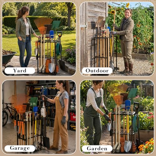 Garden Tool Organizer Stand Black, 3-Tier Metal Yard Rack with 14 Hooks & 50+ Tool Capacity