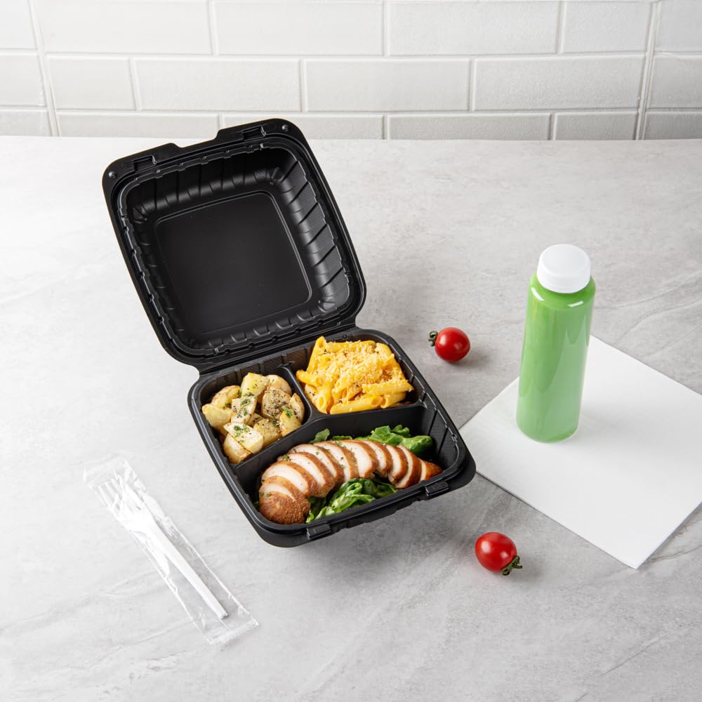 Restaurantware Thermo Tek 8 x 8 x 3 Inch Mineral-Filled Take Out Containers 100 Durable To Go Containers - Heavy-Duty Disposable Black Plastic Clamshell Containers Suitable For Hot & Cold Foods