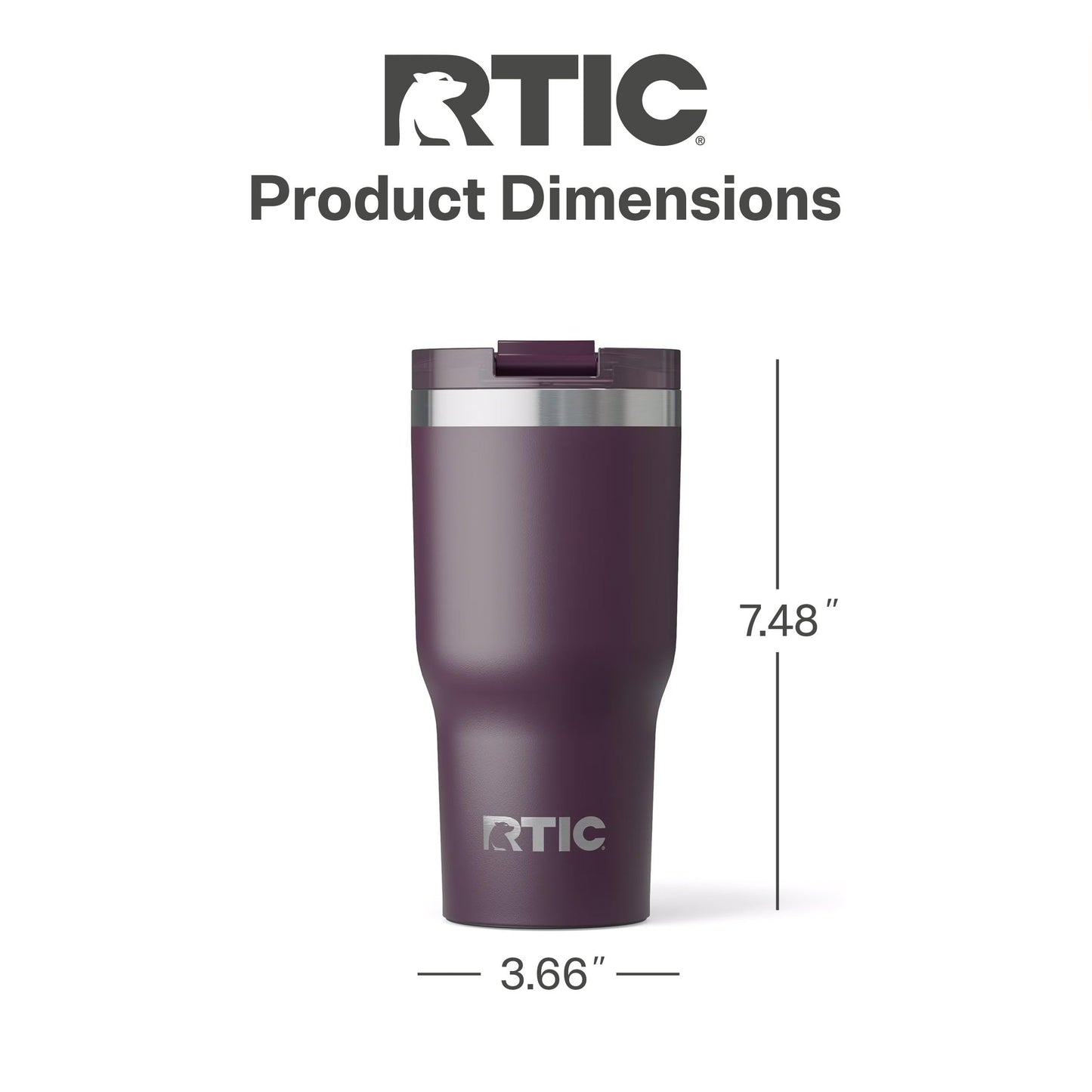 RTIC 20oz Essential Tumbler with Lid, Ceramic Lined, Insulated, Stainless Steel, Metal, Double Wall Vacuum-Insulation, Travel Cup for Iced Coffee, Tea, Hot and Cold Drink, Plum