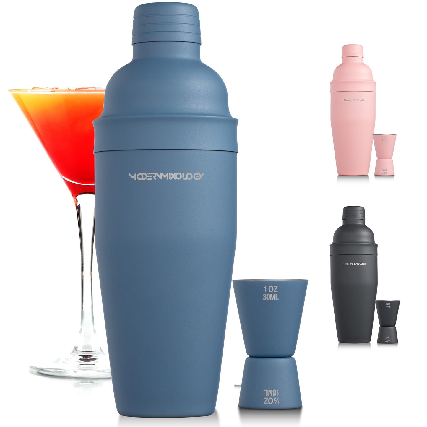 Modern Mixology 24oz Matte Blue Cocktail Shaker Set – Bartender Essentials with Built-In Strainer, Cap, Jigger for Martini, Margarita, More – Luxury Drink Mixer Kit for Bar, Gift for Men and Women