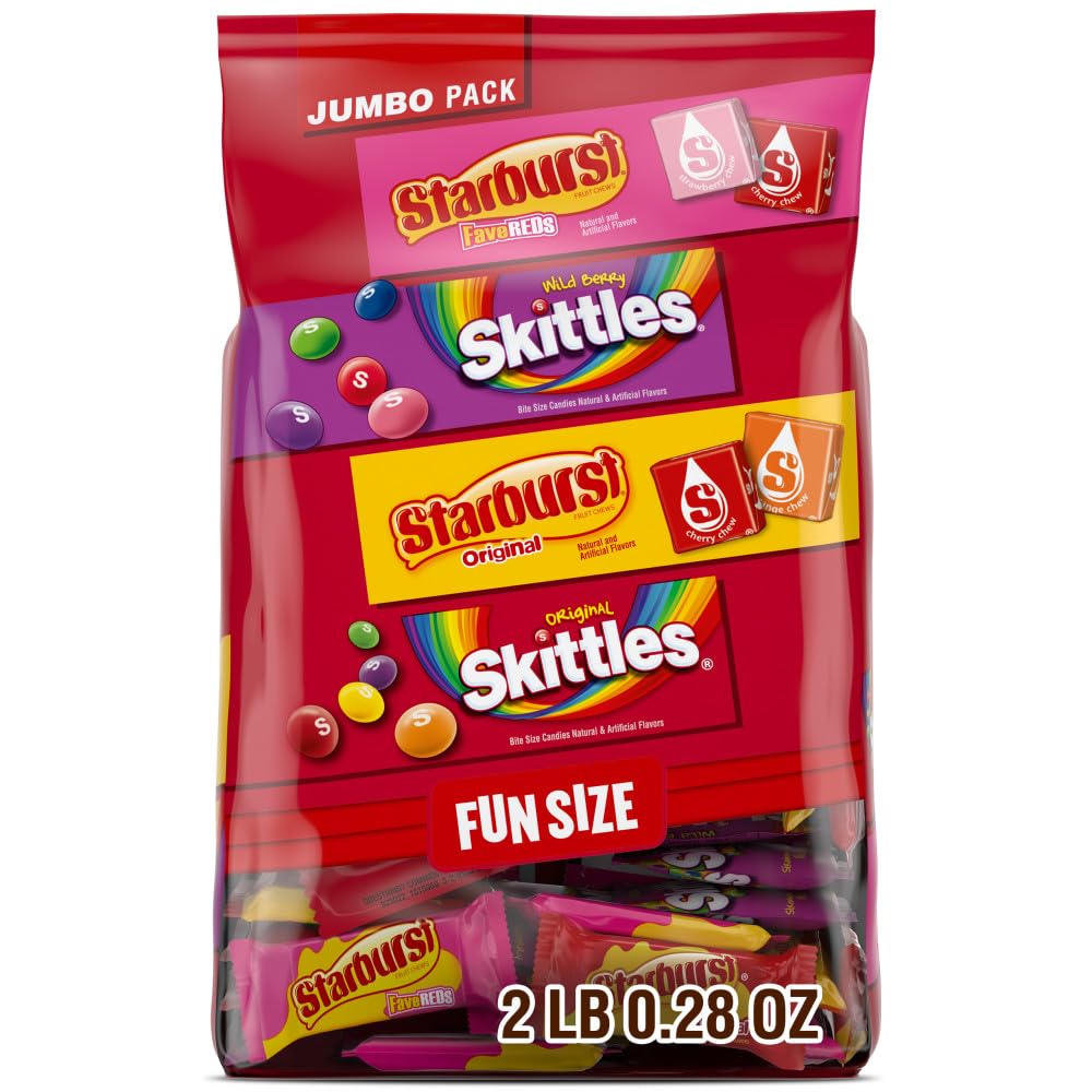 Skittles, Starburst Fun Size Chewy Candy Assorted Variety, Individually Wrapped, 32.28 Ounces, Bulk Bag