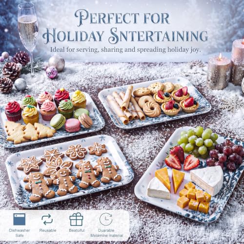 White Winter Holiday Serving Trays Set of 4 Melamine Platters for Xmas & Parties