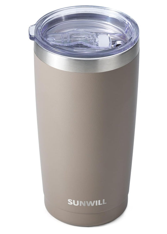 SUNWILL Travel Coffee Tumbler 20 oz, Insulated Mug with Lid, Stainless Steel Cup for Outdoor, Powder Coated Taupe
