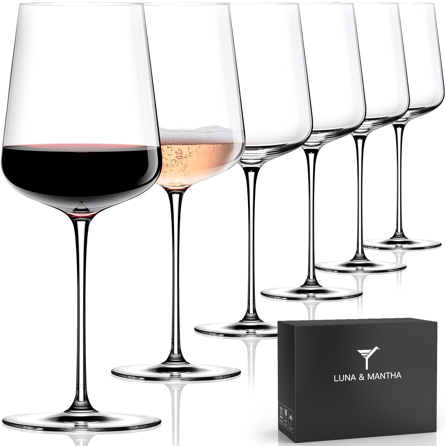 LUNA & MANTHA Red Wine Glasses Set of 6, 15 oz Exquisite Hand Blown Crystal Wine Glasses