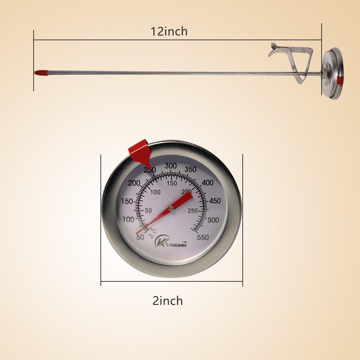 KT THERMO Candy & Deep Fry Thermometer - Instant Read Dial with 12" Stainless Steel Stem | Ideal for Turkey & BBQ Cooking