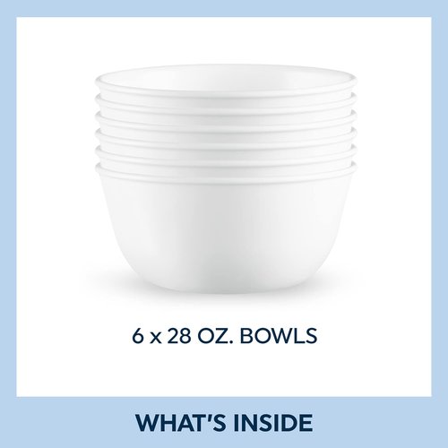 Corelle Vitrelle Soup & Cereal Bowls Set of 6 - Chip & Crack Resistant, 28-Oz, Winter Frost White
