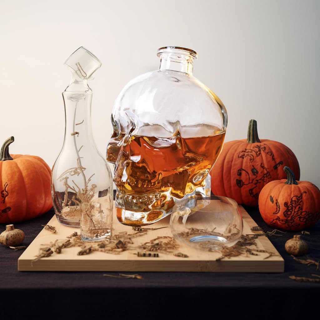 Skiennix Skull Decanter - Lead-Free Glass with Cork Stopper | Unique Halloween Decor for Whiskey & Wine (750ML)