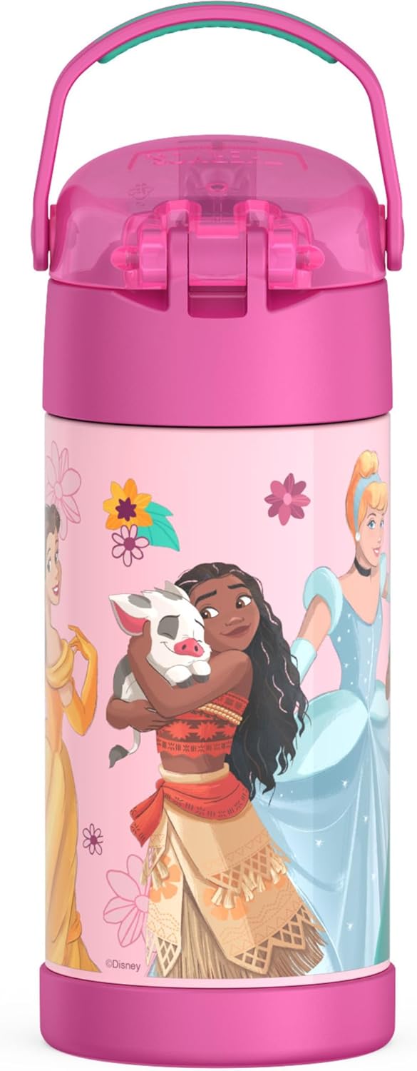 THERMOS FUNTAINER Water Bottle - 12 Ounce Kids Stainless Steel Insulated Bottle with Straw - Princess Design