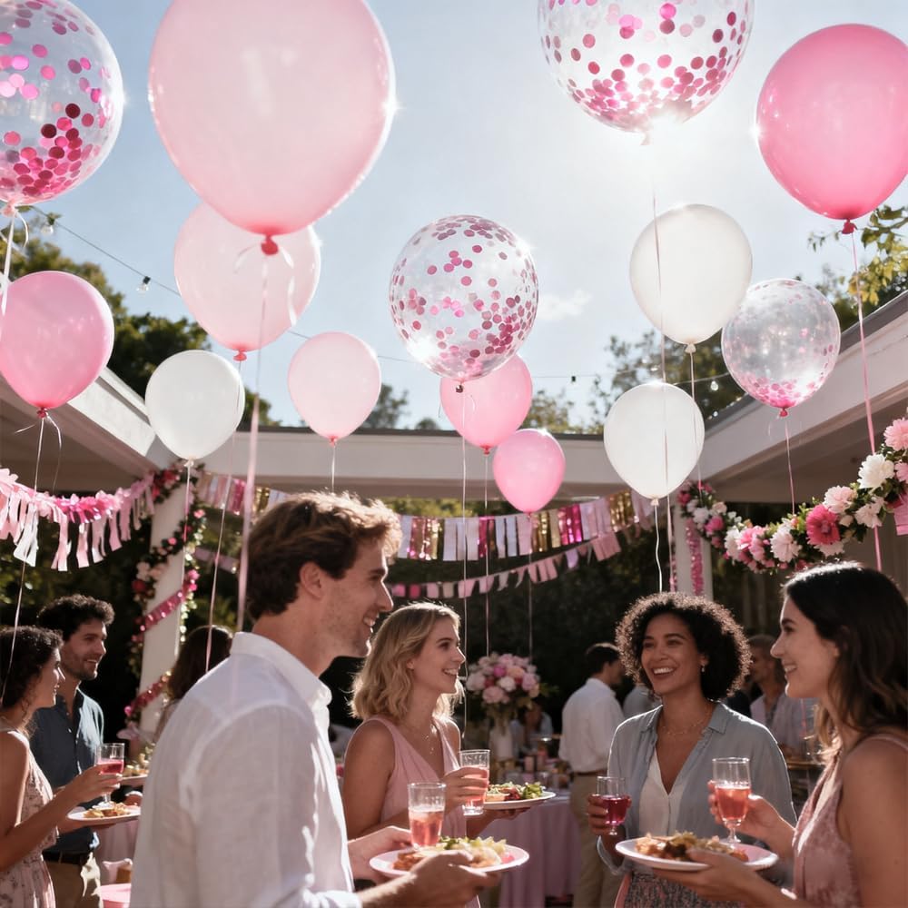 Skiennix 12-Inch Light Pink & White Balloons - Confetti Design for Weddings & Baby Showers
