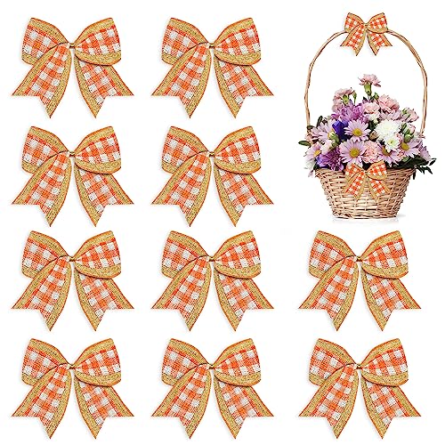 ABTOLS 10pcs Fall Wreath Bows, Orange White Buffalo Plaid Bows for Wreath Autumn Burlap Bows for Front Door, Vintage Farmhouse Tree Bows for Thanksgiving Holiday Indoor Outdoor Decor