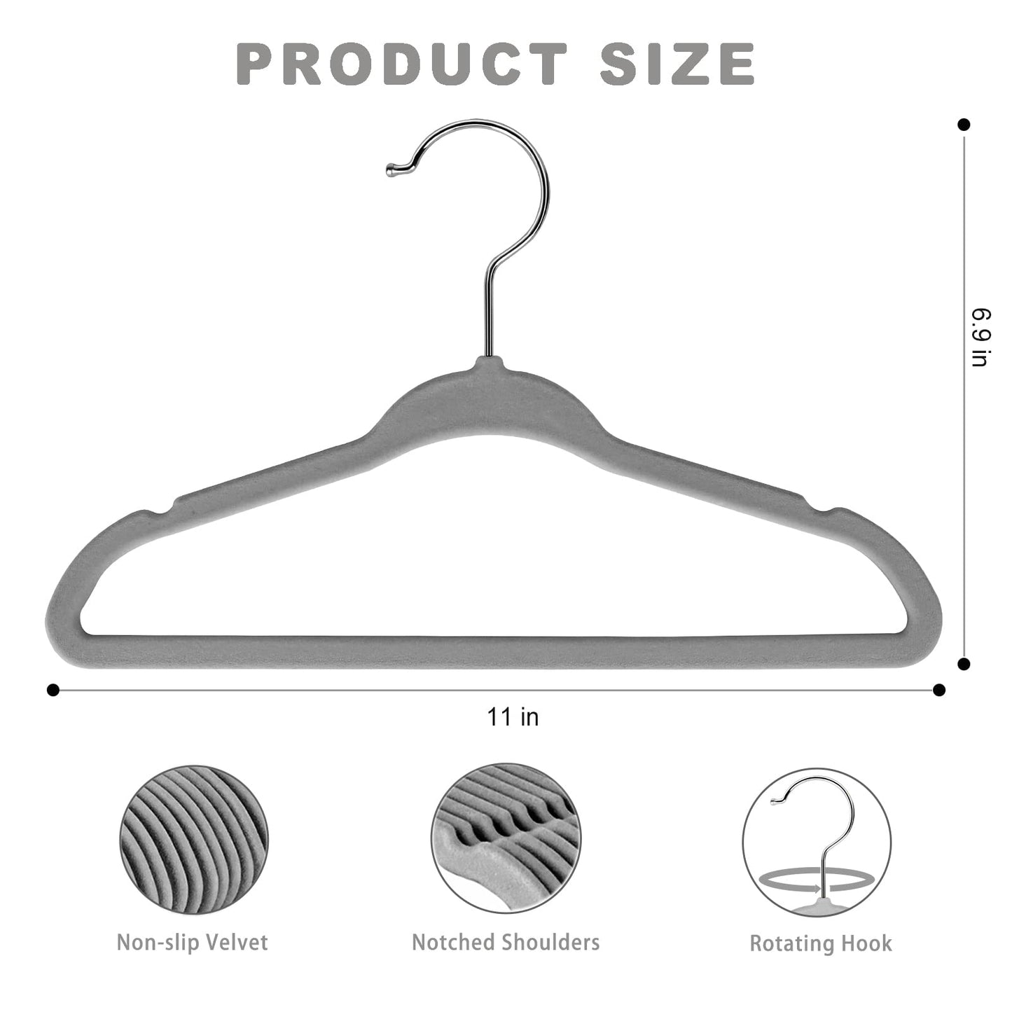 BAGAIL 50 Pack Kids Velvet Hangers 11 Inches Children's Clothes Hangers Non-Slip Baby Hangers for Infant/Toddler (Grey)