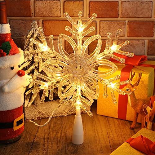 Brizled Clear Snowflake Christmas Tree Topper 9.5 inch with 10 Warm Lights