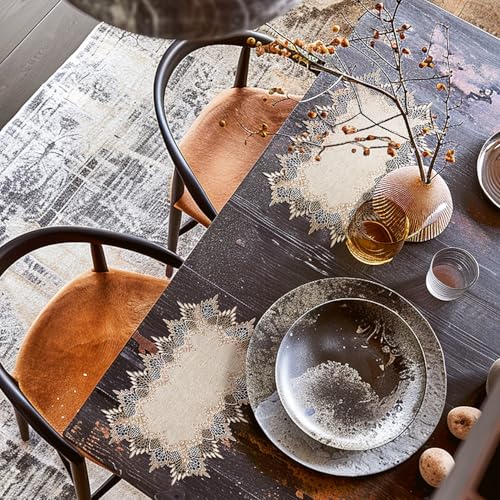 Natural Linen Placemats Set of 2 – Beige Lace Embroidered Table Mats, 13x20 Inch, Elegant Dining Decor