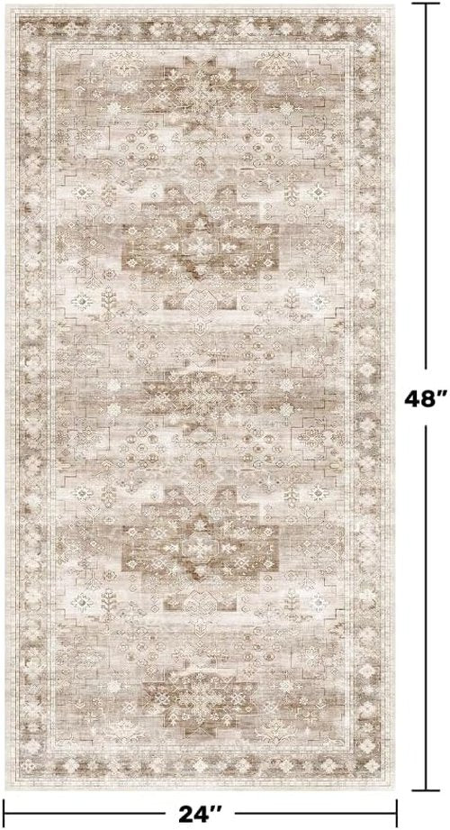 Boho Runner Rug by 2x4 - Vintage Floral Design | Non-Slip, Washable & Stain Resistant, Beige Latte
