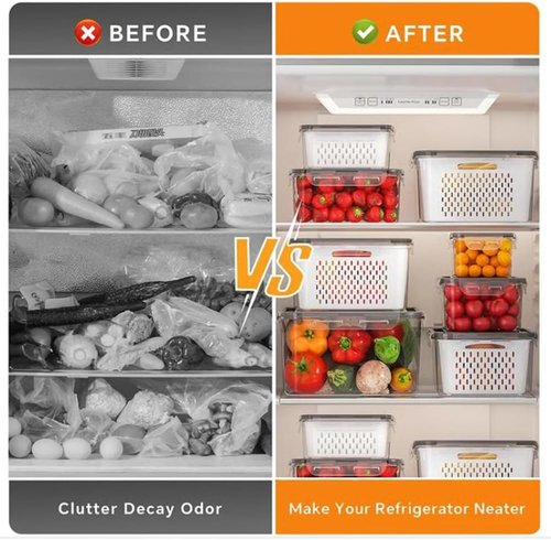 4 in 1 Food Storage Container Set - Large Fruit Containers with Lid & Strainer | White (3PC)