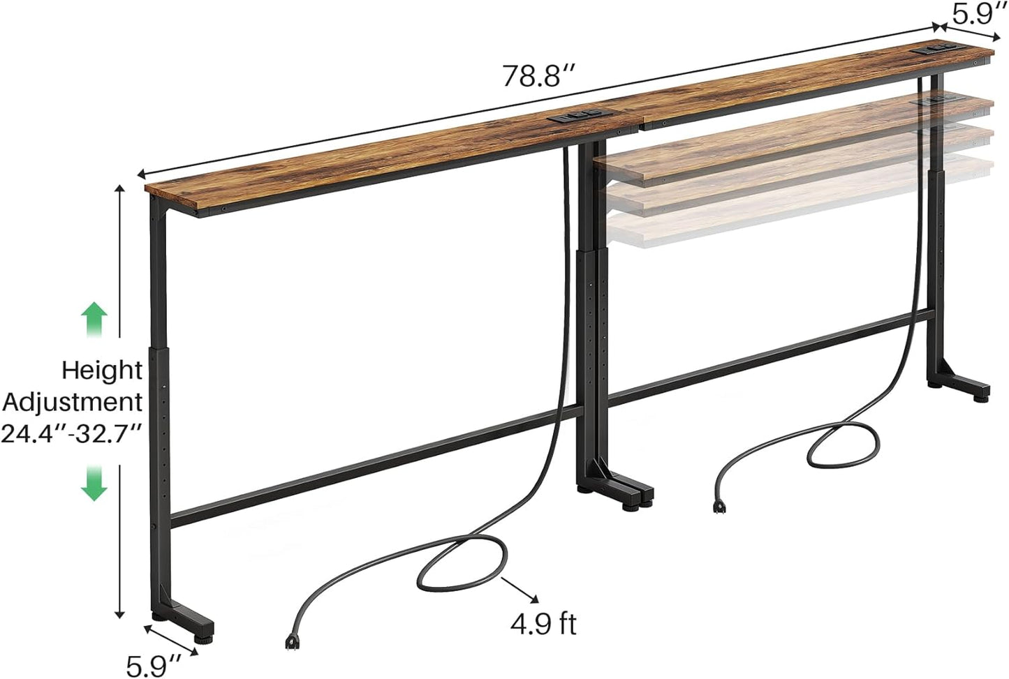 Kitstorack Narrow Console Table - Adjustable Height (25"-33") with 2 Power Outlets | Rustic Brown, 78.8" Long x 5.9" Wide