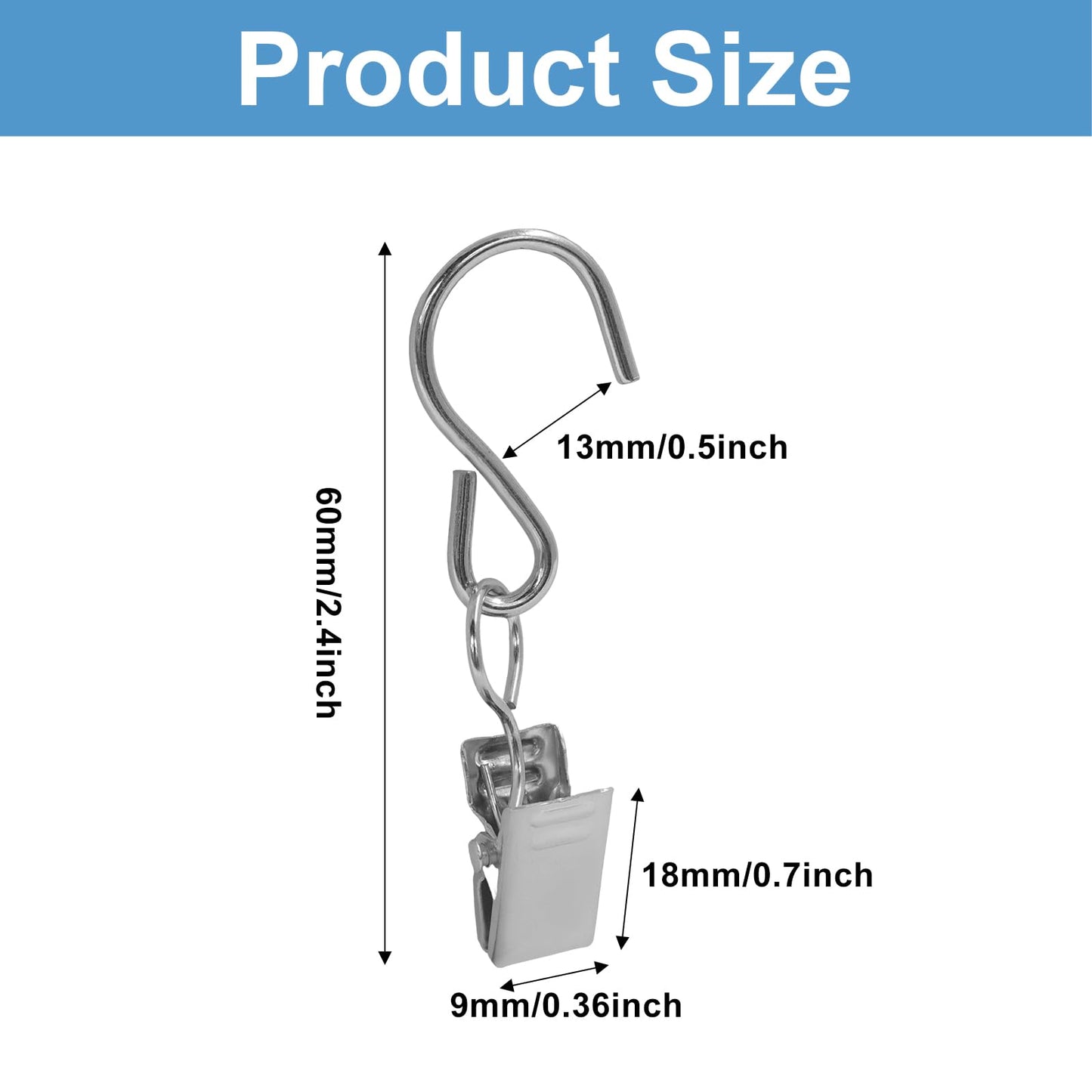 PHITUODA 50 Pack Stainless Steel S Hooks Curtain Clips, Hanging Hangers Party Lights Clips, 2.4 Inch Silver Art Craft Display for Home Decor/Party Planners/Garden