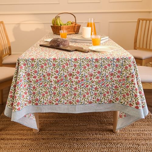 Encasa XO Pink 108" x 60" Block Print Tablecloth for 9 ft Rectangular Tables