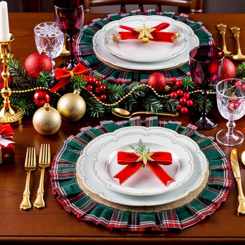 HunnmingRe 6-Pack Round Christmas Plaid Placemats – Red & Green, 15.75in