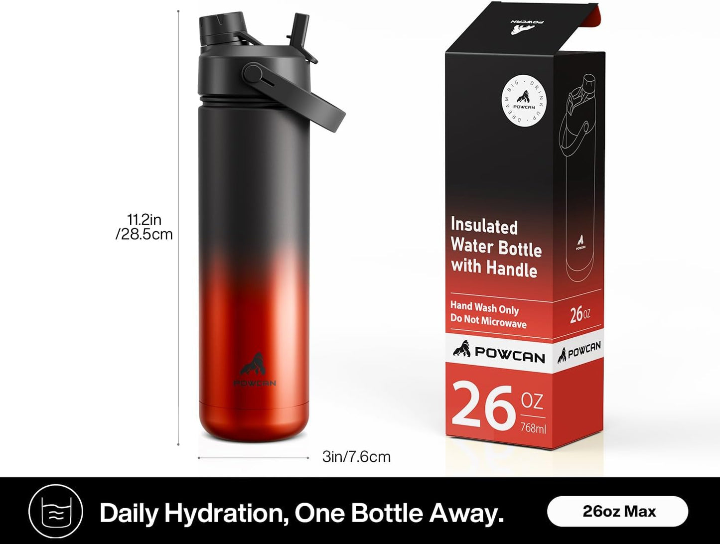 POWCAN 26 oz Insulated Water Bottle - 2-in-1 Straw & Spout Lid, Keeps Drinks Cold 24H, Leak-Proof, Fits Car Cup Holder