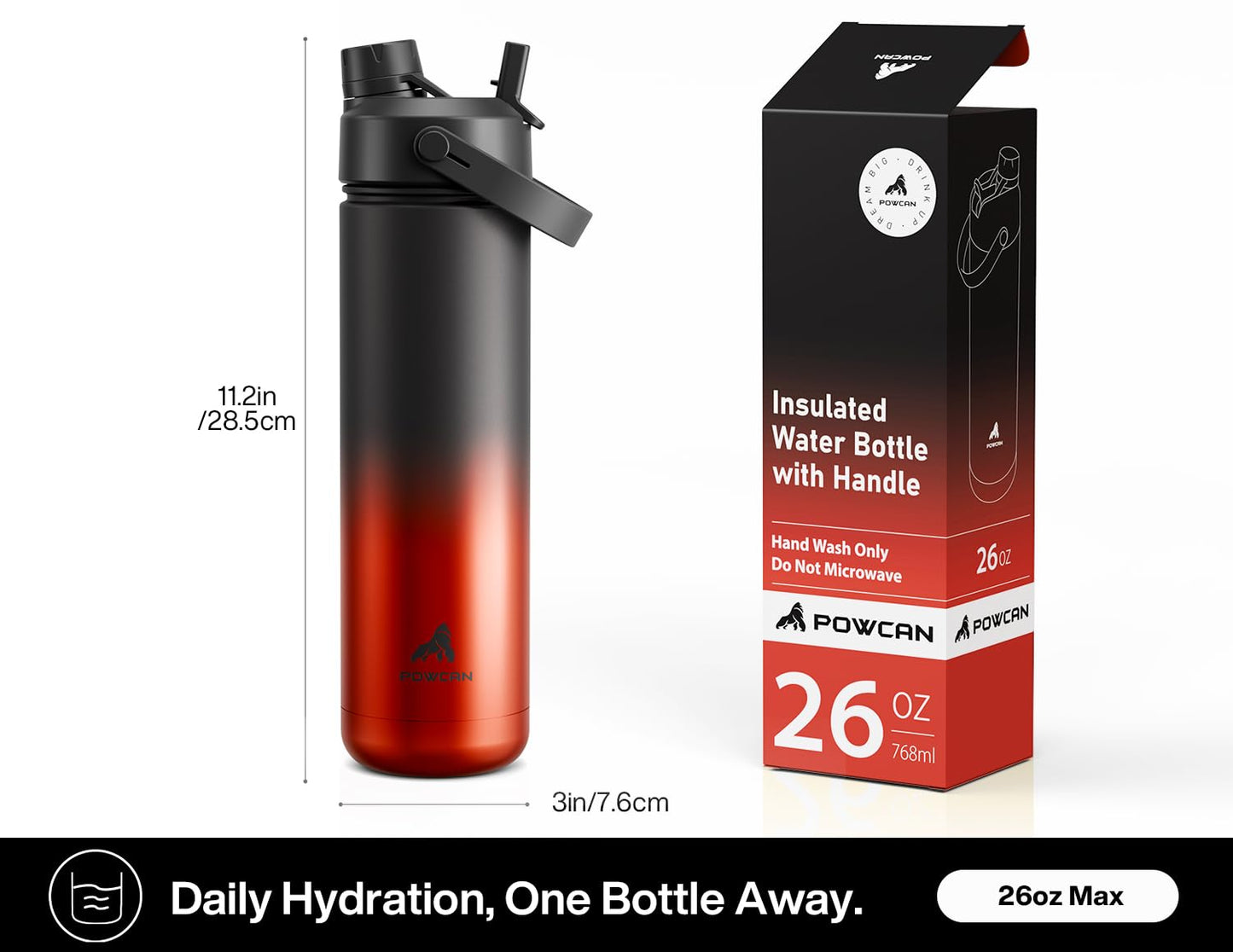 POWCAN 26 oz Insulated Water Bottle with 2-in-1 Straw and Spout Lid, Keep Cold 24H, Leak-Proof, Fits in Car Cup Holder, Stainless Steel Water Bottle for Sports, Travel, Gift, and School (Bow Crush)