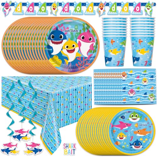 Baby Shark Party Decorations Set with Banner, Tablecloth, Swirls & Decals