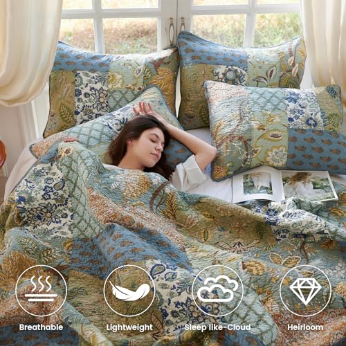 Secgo King Size Sage Green Cotton Comforter Set with 2 Shams - Reversible Patchwork Bedding (98x106 inches)