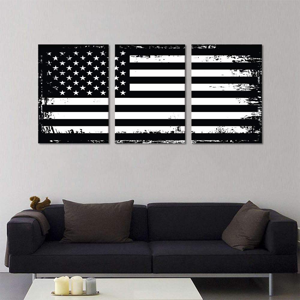 Black and White Wall Art American Flag Artwork 3 Panels Patriotic Retro USA Flag Pictures Canvas Prints Art Living Room Home Office Decor Framed Ready to Hang -20"W x 28"H x 3pcs