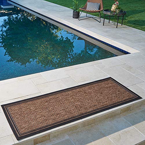 Gertmenian Indoor Outdoor Flatweave Area Rug 2x6 ft Black Tan Stain & UV Resistant