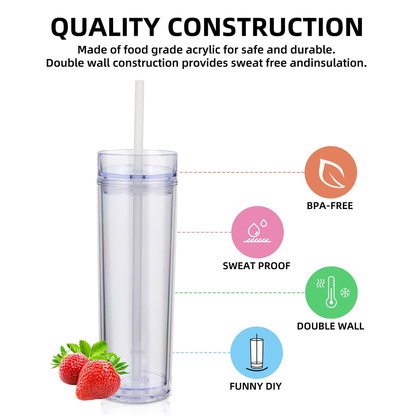 Volhoply 16oz Plastic Skinny Tumbler with Lid and Straw Bulk 4 Pack,Insulated Double Wall BPA Free Matte Acrylic Tumblers,Iced Coffee Travel Mug Reusable Party Cup,Customizable Diy Gifts(Clear,4 Set)