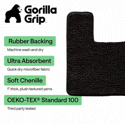 Gorilla Grip Plush Chenille Bath Rug Mat - Soft Absorbent Microfiber for Square Toilet Base | Black, Machine Washable