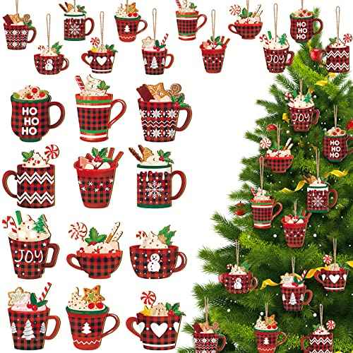 BBTO 36 Pieces Christmas Ornaments Hot Cocoa Wood Buffalo Plaid Coffee Mug with Rope Red Black Hanging Decoration Bar Xmas for Tree Home