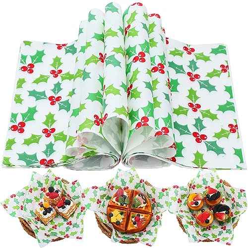 Yahenda 150 Pieces Christmas Wax Paper Parchment Paper Sheets Decorative Waterproof Bakery Tissue Grease Resistant Christmas Food Baking Colored Basket Liners Xmas Supplies