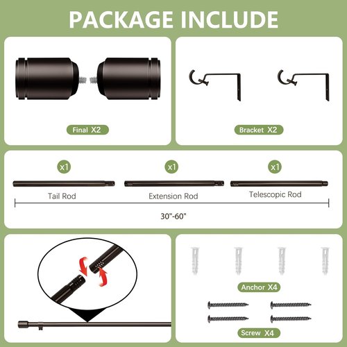 Adjustable Bronze Curtain Rods by [Brand Name] - 5/8” Diameter, 30-60 Inch for Small Windows